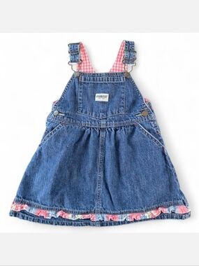 OshKosh B'gosh Vintage Baby Girl Denim Overall Dress 18 Months Pink Gingham